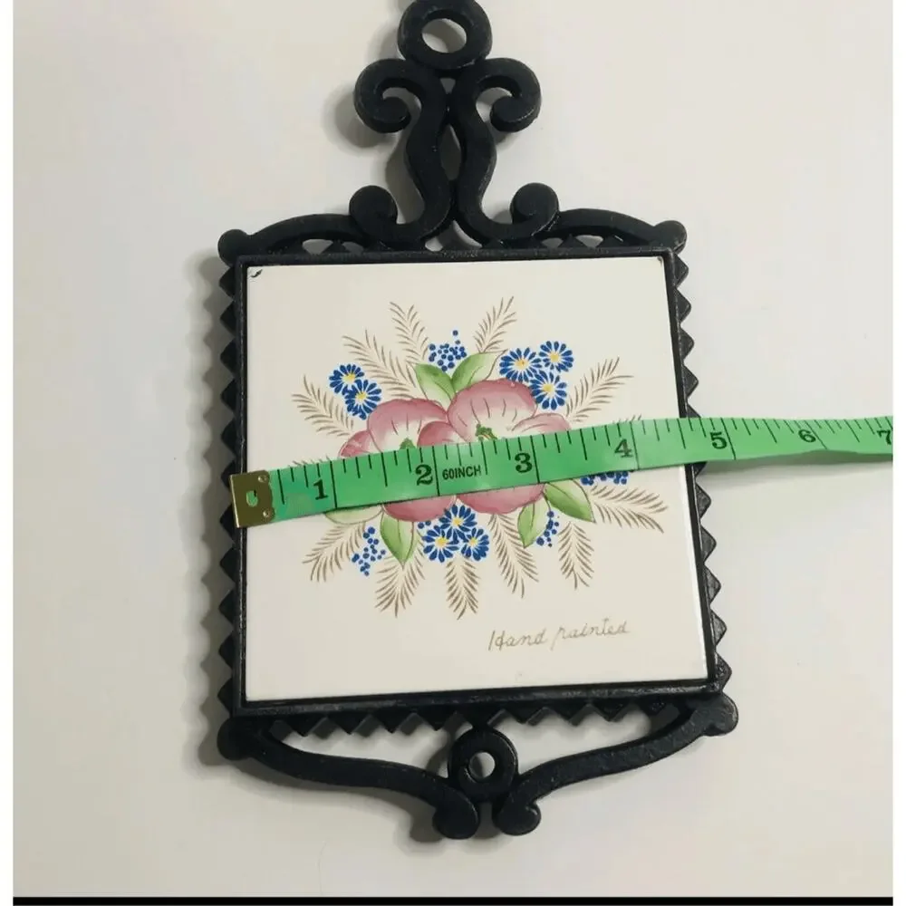 Vintage Cast Iron Floral Ceramic Tile Trivet Hand Painted Pink Blue Flowers 9.5